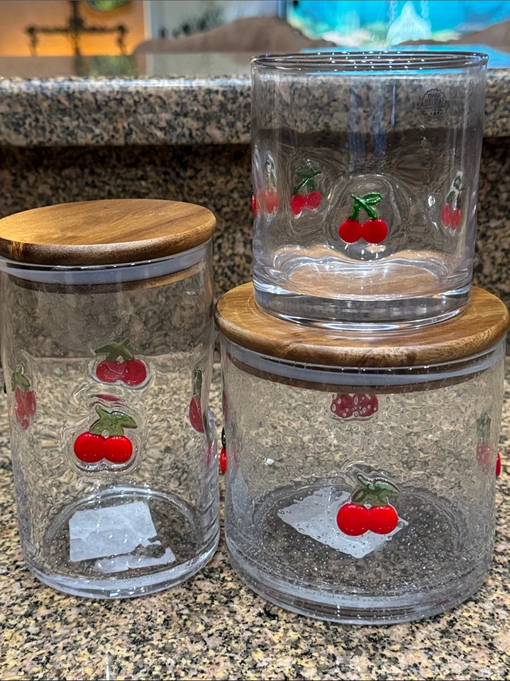 2 Cherry Canister Set & Wooden Lids with Glass